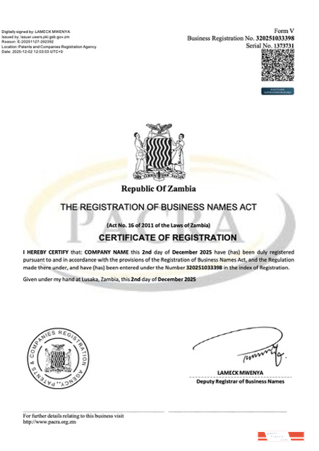 Zambia certificate of business name registration Word and PDF template